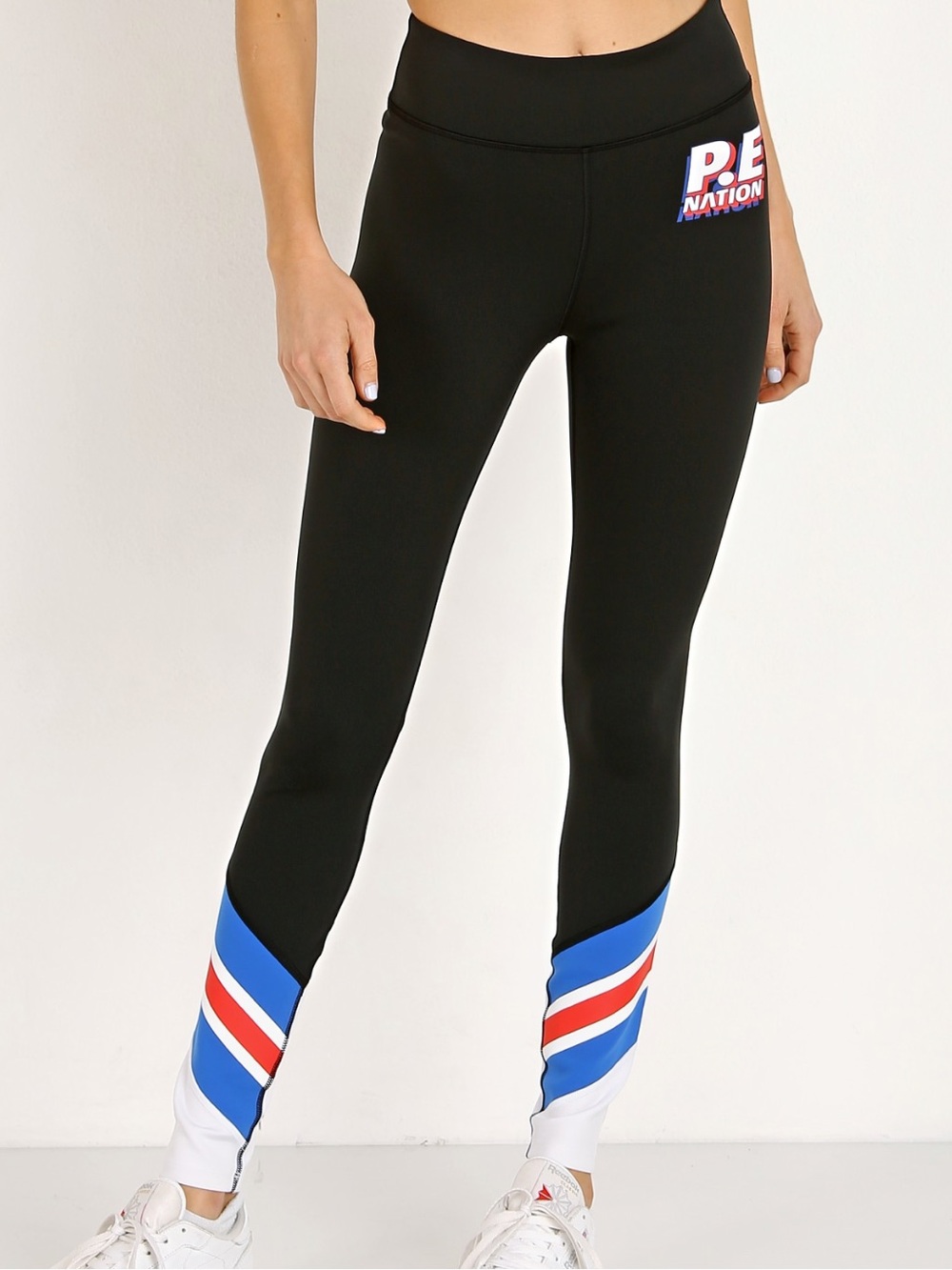 P.E Nation Black Leggings with Blue and Red Chevron Stripes